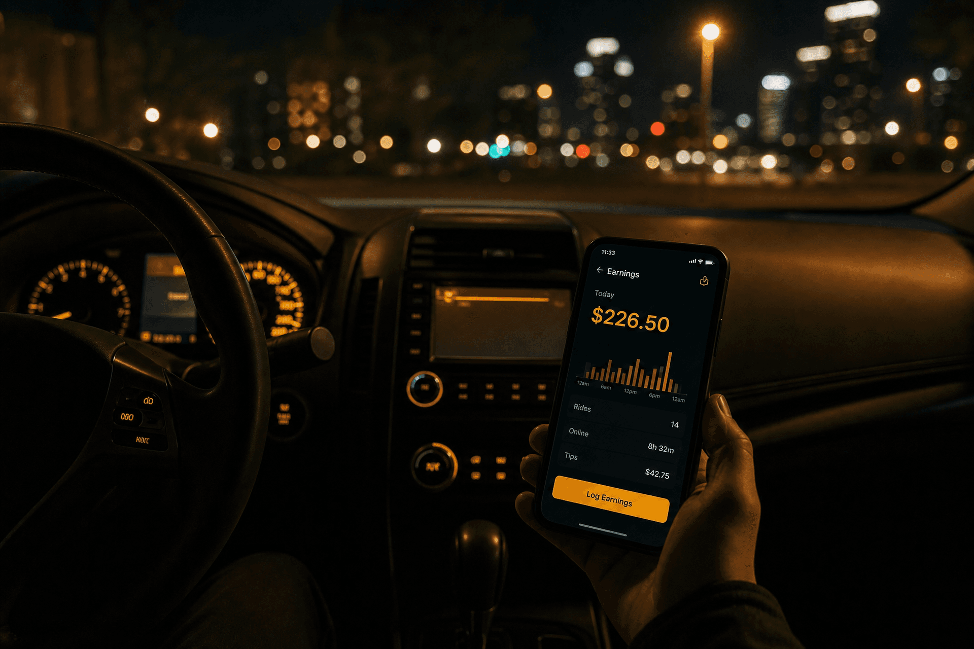 Driver logging earnings on a phone in a parked car at night